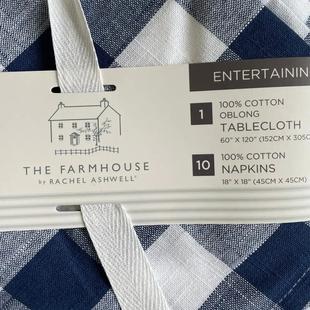 11pc Farmhouse Easter Bunny Tablecloth 60x120 Gingham Napkin Set Blue White NEW